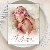 Moderner Rose Gold Script Overlay Text Baby Foto Dankeskarte