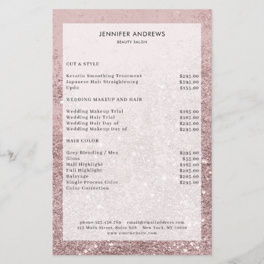 Moderner Rosegold Glitzer Salon Preisliste Flyer (Vorne)