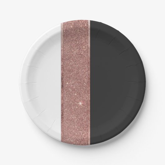 Moderner Rosen-GoldGlitzer-Schwarz-weiße Pappteller (Vorderseite)