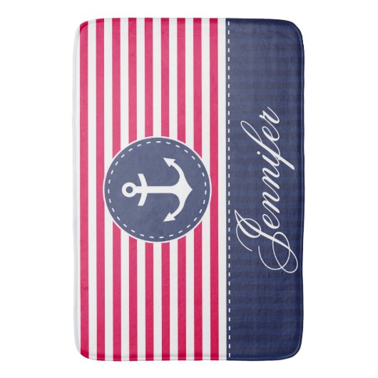 Moderner roter blauer nautischanker personalisiert badematte (Vorderseite Vertikal)