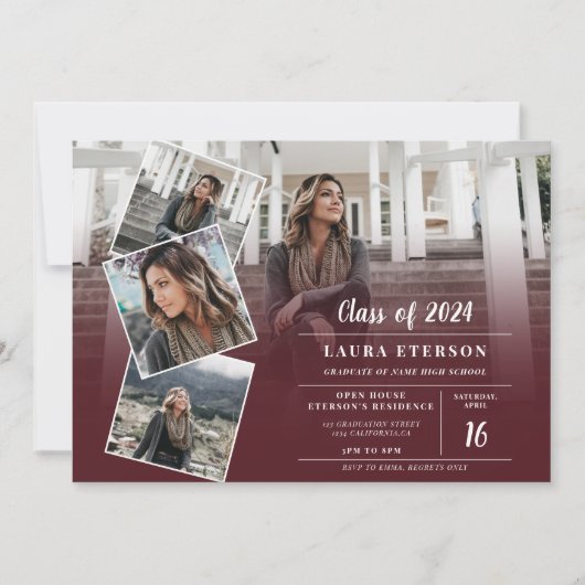 Moderner, roter Bordeaux-Abschluss mit minimalisti Einladung (Vorderseite)