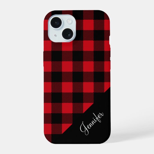 Moderner roter Karo-Karo-Mustername iPhone 15 Hülle (Rückseite)