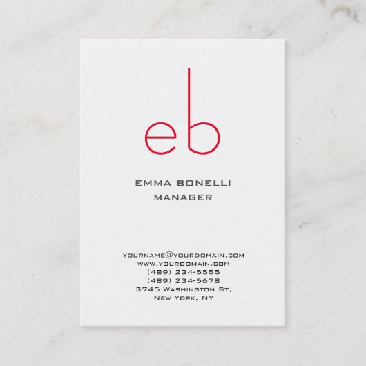 Moderner roter monogramm weißer Hintergrund Visitenkarte (Vorderseite)