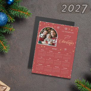 Moderner roter Schneeflocken-Foto-Kalender 2027 Magnetkarte