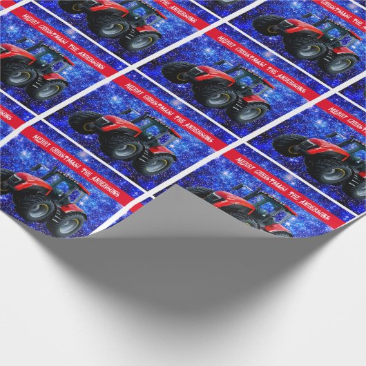 Moderner roter Traktor auf blau Geschenkpapier (Ecke)