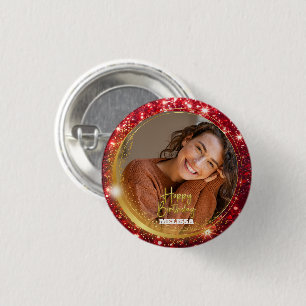 Moderner roter und goldener Glitter-Foto-Name-Gebu Button