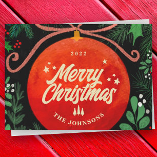 Moderner roter Weihnachtsball-Schmuck Botanik Feiertagskarte