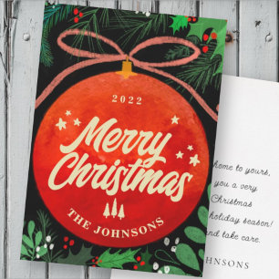 Moderner roter Weihnachtsball-Schmuck Botanik Feiertagskarte