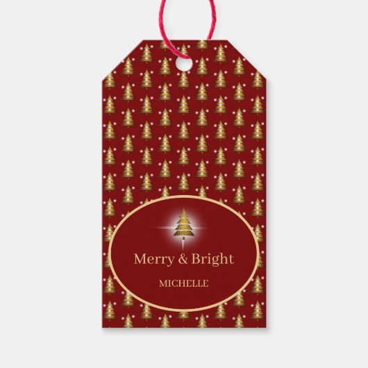 Moderner roter Weihnachtsbaum mit goldenem Glitter Geschenkanhänger (Vorderseite)