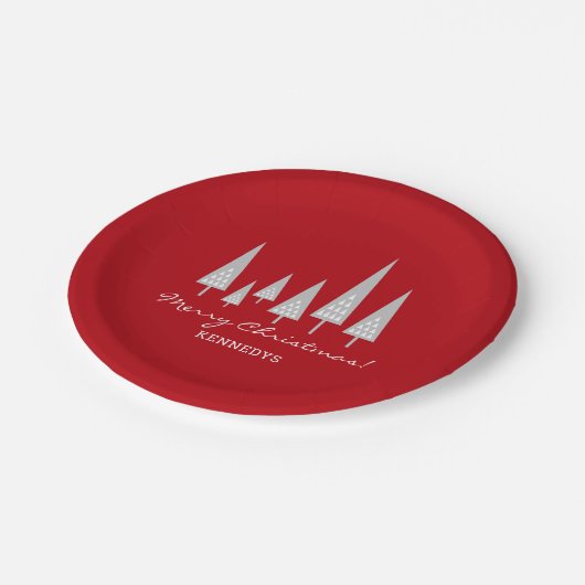 Moderner Rotwein Weihnachtsbaum Familienweihnachts Pappteller (Schrägansicht)