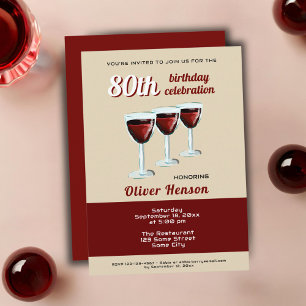Moderner Rotweinkelch zum 80. Geburtstag Einladung