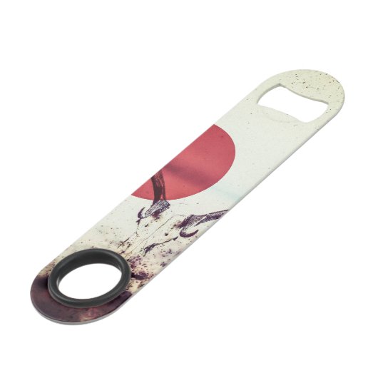 Moderner Rotwild-Kopf und rote Sun-Grafik Speed Flaschenöffner (Rückseite Schrägansicht)