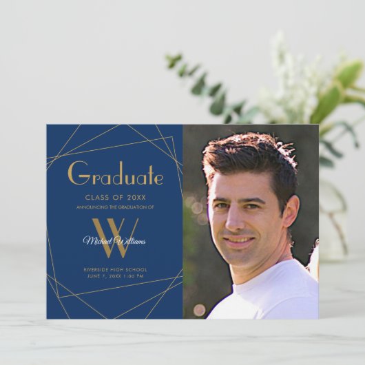 Moderner Royal Blue Foto Monogram Abschluss Ankündigung (Stehend Vorderseite)