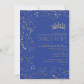 Moderner Royal Blue Gold QR Code Floral Quinceñera Einladung (Vorderseite)