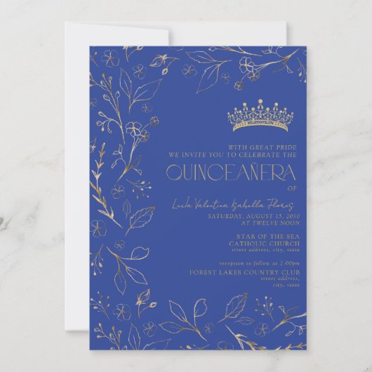 Moderner Royal Blue Gold QR Code Floral Quinceñera Einladung (Vorderseite)