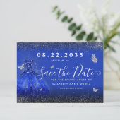 Moderner Royal Blue Silver Glitzer Gown Quinceaner Save The Date (Stehend Vorderseite)