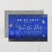 Moderner Royal Blue Silver Glitzer Gown Quinceaner Save The Date (Vorne/Hinten)