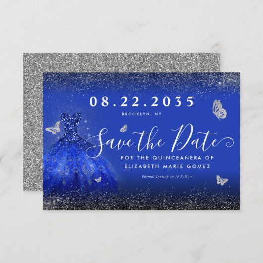 Moderner Royal Blue Silver Glitzer Gown Quinceaner Save The Date (Vorne/Hinten)