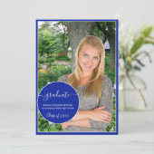 Moderner Royal Blue White Circle Foto Abschluss Ankündigung (Stehend Vorderseite)