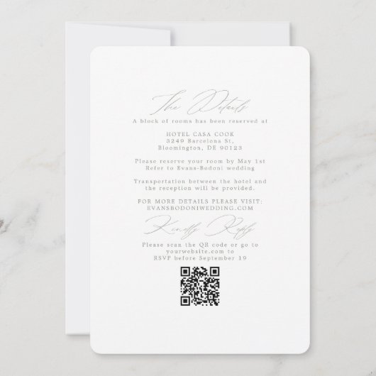 Moderner RSVP QR Code für weiße Hochzeitssage Einladung (Rückseite)