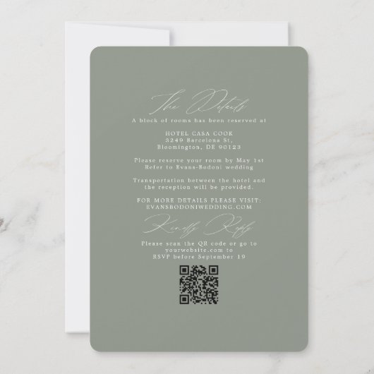 Moderner RSVP QR Code für weiße Hochzeitssage Einladung (Rückseite)