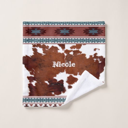 Moderner Rustikaler Boho Western Cowhide Badhandtuch Set (Waschlappen)