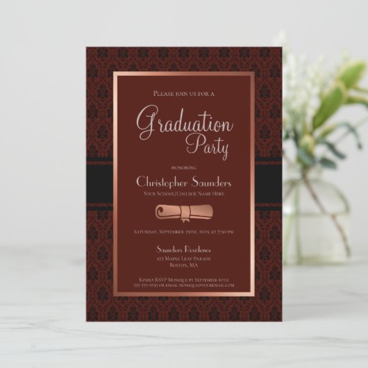 Moderner rustikaler Burgunder Kupfer-Abschluss P Einladung (Stehend Vorderseite)