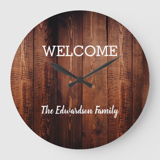 Moderner rustikaler Empfang Familienname dunkles H Große Wanduhr (Vorderseite)