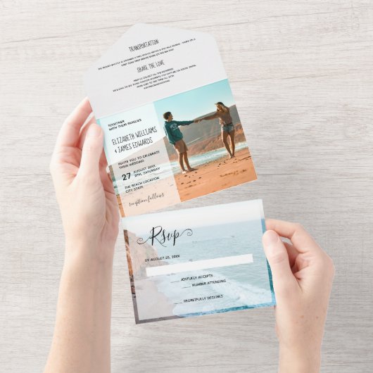 Moderner rustikaler Zielstrand Hochzeit 3 Foto All In One Einladung (Abreißen)