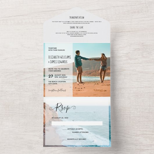 Moderner rustikaler Zielstrand Hochzeit 3 Foto All In One Einladung (Innen Boden)