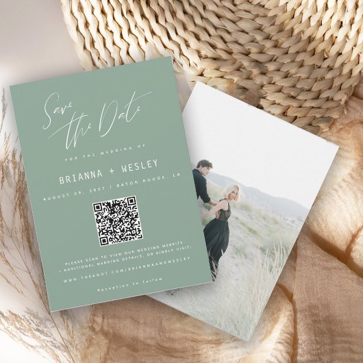 Moderner Salbeigrüner QR-Code-Foto-Save-the-Date Save The Date