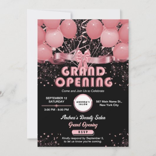 Moderner Salon Business Grand Opening Black Pink Einladung (Vorderseite)