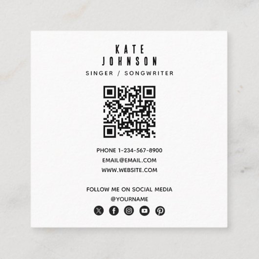 Moderner Sängermusiker Foto Social Media QR Code Quadratische Visitenkarte (Rückseite)