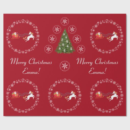 Moderner Santa Unicorn Personalisierter Name Merry Geschenkpapier (Flach)