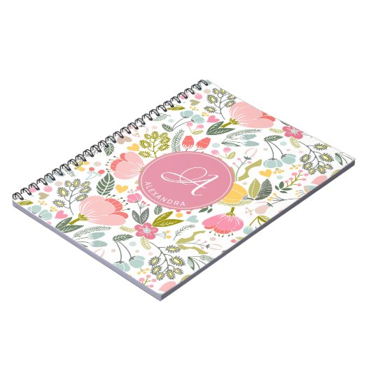 Moderner, schicker, blumenrosa mit Monogramm Name Notizblock (Linke Seite)
