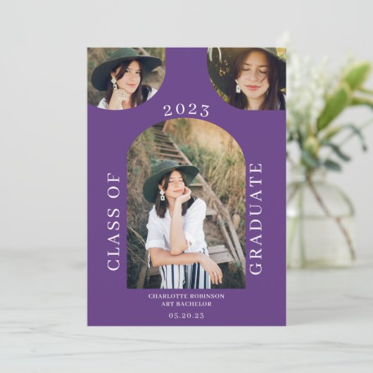 Moderner schicker Bohbogen-Boho lila 4 Foto Abschl Einladung (Stehend Vorderseite)