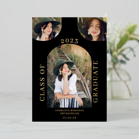 Moderner schicker Bohbogen schwarz 4 Foto Abschlus Folieneinladung (Stehend vorne)