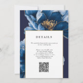 Moderner schicker Navy Blue Gold Floral QR Code Ho Einladung (Rückseite)