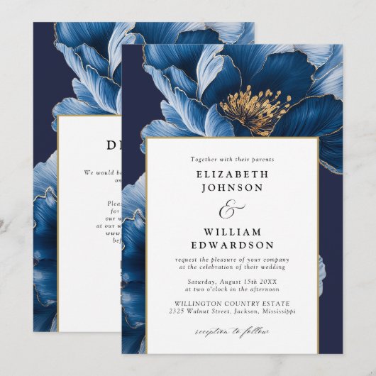 Moderner schicker Navy Blue Gold Floral QR Code Ho Einladung (Vorne/Hinten)