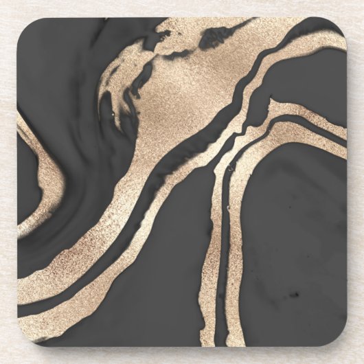 Moderner, schicker Schwarz-Gold lackierter Abstrak Getränkeuntersetzer (Vorderseite)