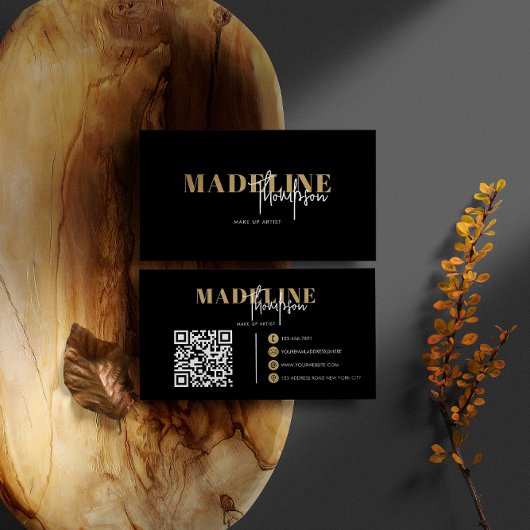 Moderner, schicker schwarzer Goldweiblicher QR-Cod Visitenkarte