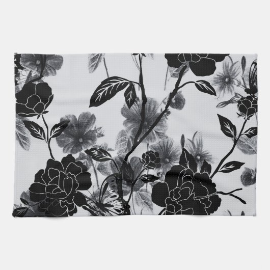 Moderner Schmetterling Floral Noir Geschirrtuch (Horizontal)