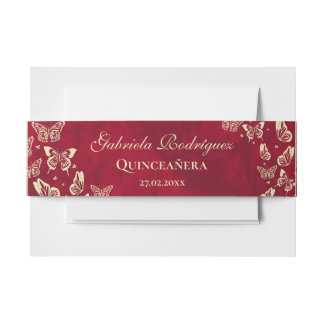 Moderner Schmetterling Gold Red Quinceañera 15 Jah Einladungsbanderole