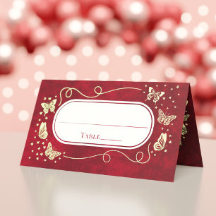 Moderner Schmetterling Gold Red Quinceañera 15 Jah Platzkarte