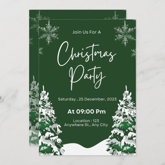 Moderner Schneeflockenpiefer - grüner Winter Weihn Einladung (Vorne/Hinten)