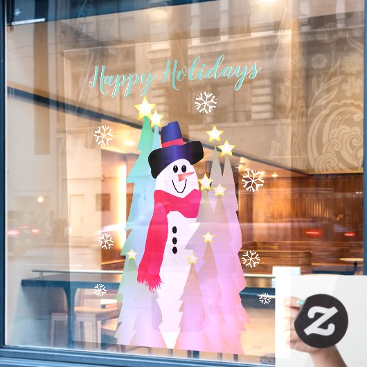 Moderner Schneemann und rosa Baum Fensteraufkleber (Café-Fenster)