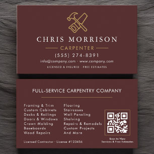 Moderner Schreiner Bordeaux Gold QR-Code Visitenkarte