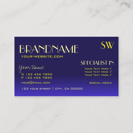 Moderner Schriftart mit Blau und Gelb mit Monogram Visitenkarte (Rückseite)