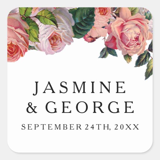 MODERNER Schriftart mit Vintagen Rose Blumenstrauß Quadratischer Aufkleber (Vorderseite)