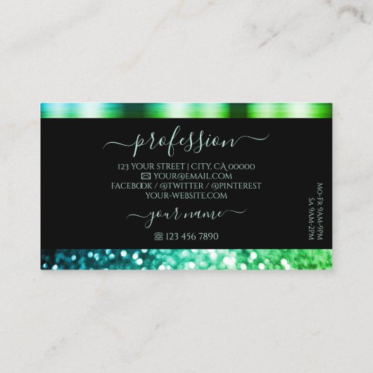 Moderner Schwarz-Aquamarin-Grün-funkelnder Glitzer Visitenkarte (Rückseite)